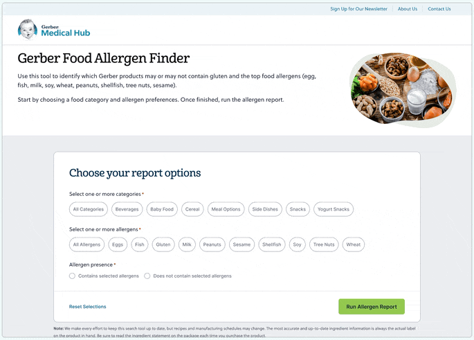 Animation showing selections in the Allergen Finder form for food category, allergen, and allergen presence. After selecting 'generate report,' the results are displayed in a table with foods on the left and columns allergens. Foods containing the allergen are marked with a checkmark.