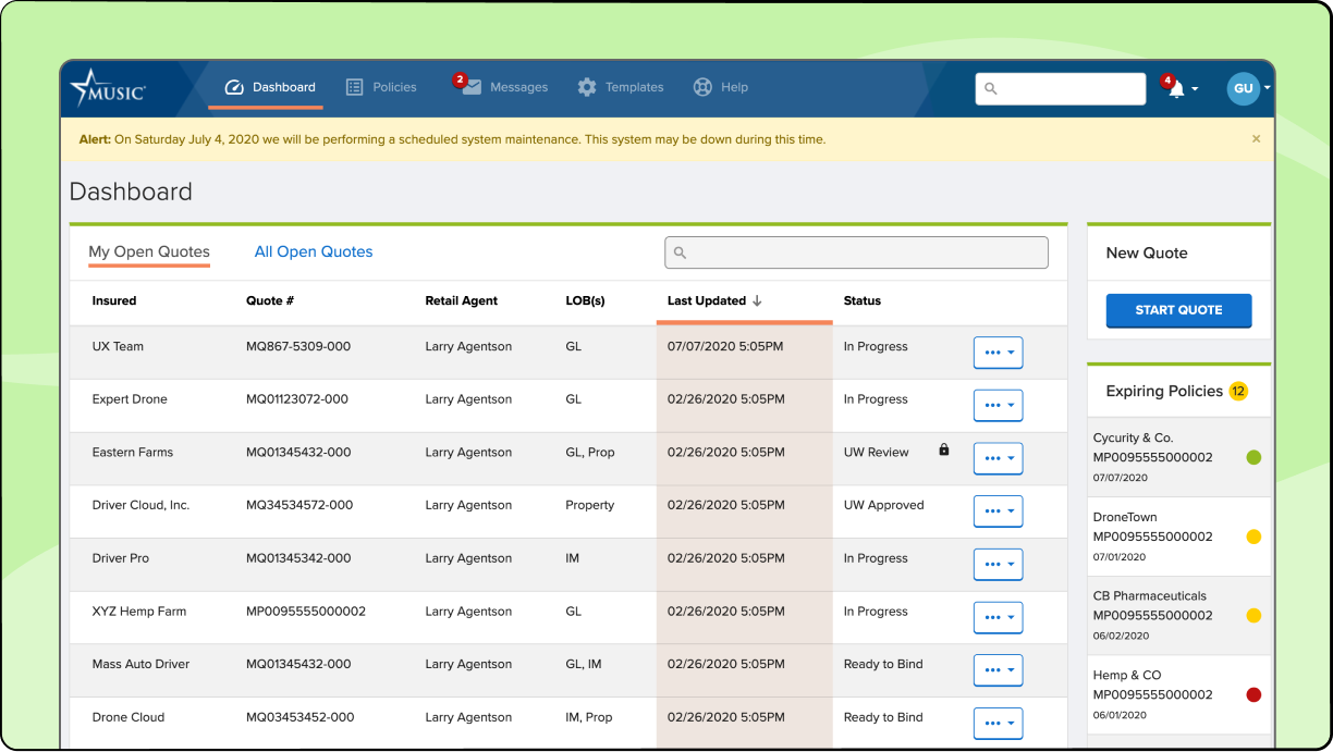 MUSIC Commercial insurance policy application software.