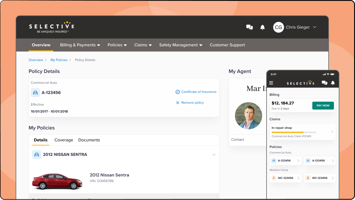 UX design project for Selective Insurance's mobile app and web portal.