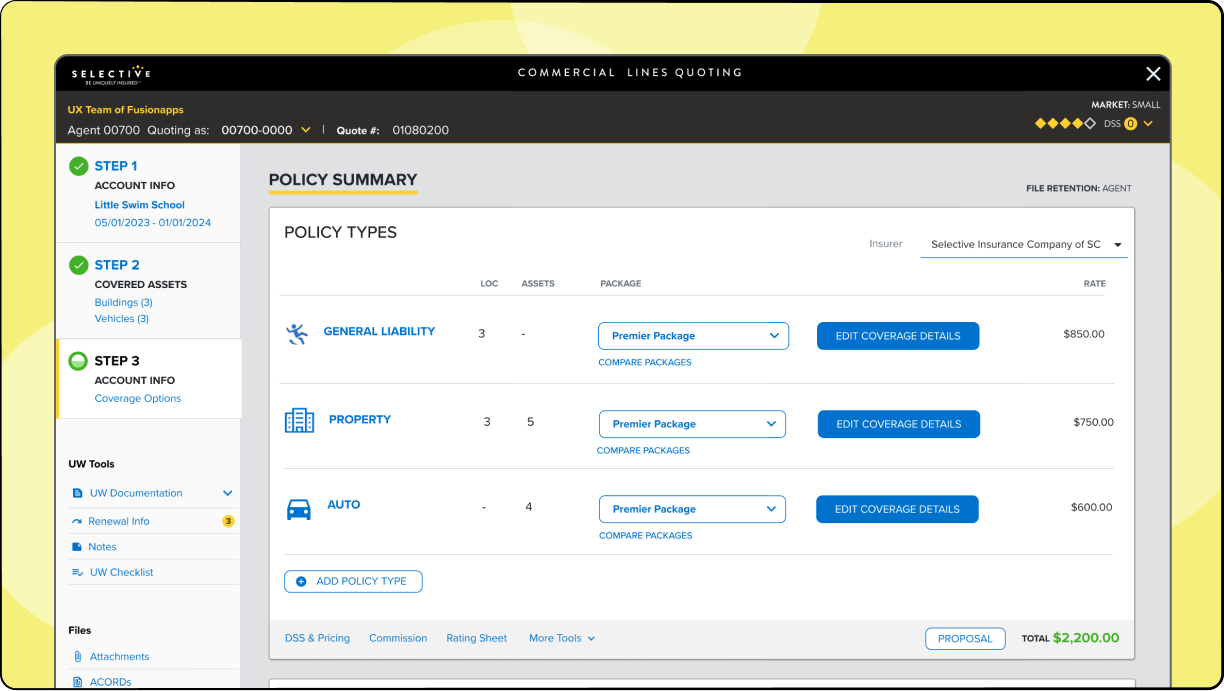 Redesign of insurance policy quoting and issuance software for Selective Insurance.