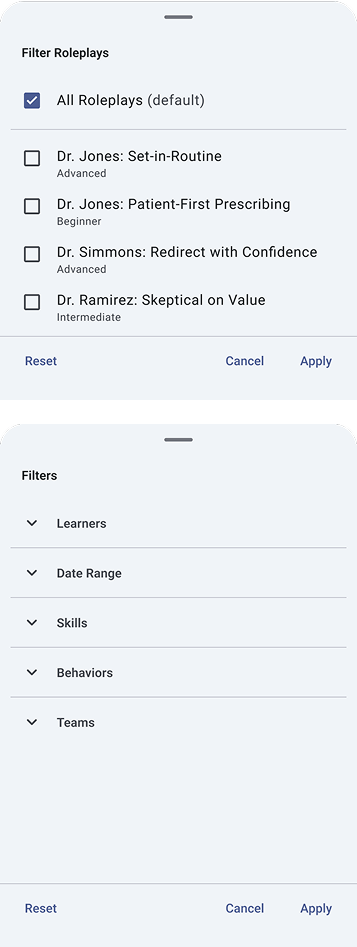 Filter options shown in a bottom modal sheet. Users can select one or more filters across multiple categories to refine the results.