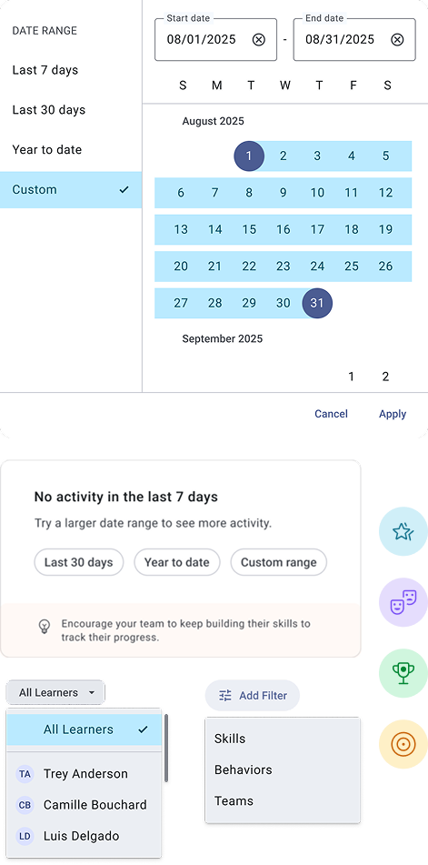 Desktop date picker modal, empty state example with no activity in the last 7 days, and buttons to select larger date ranges.