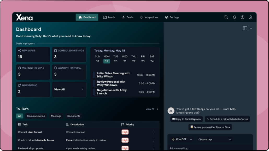 Desktop interface design for a sales dashboard with an AI assistant feature.
