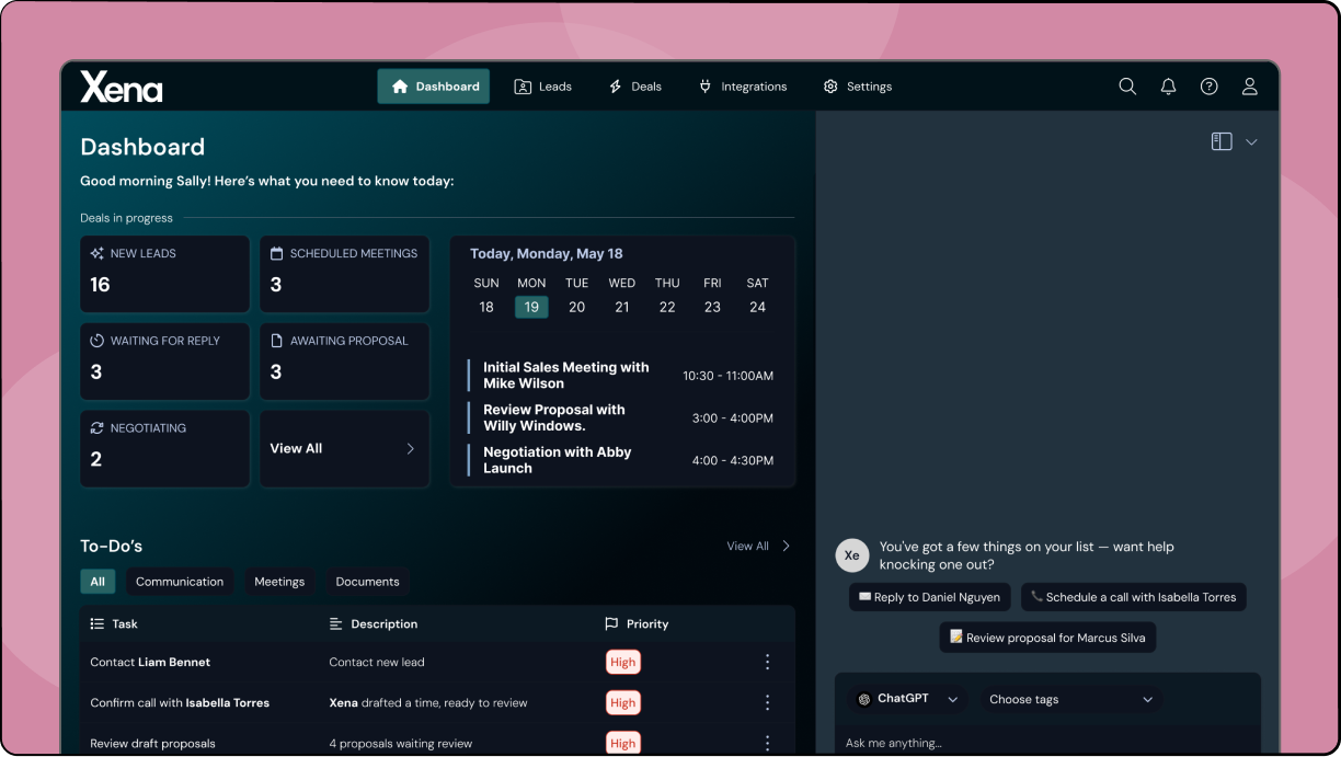 Desktop interface design for a sales dashboard with an AI assistant feature.