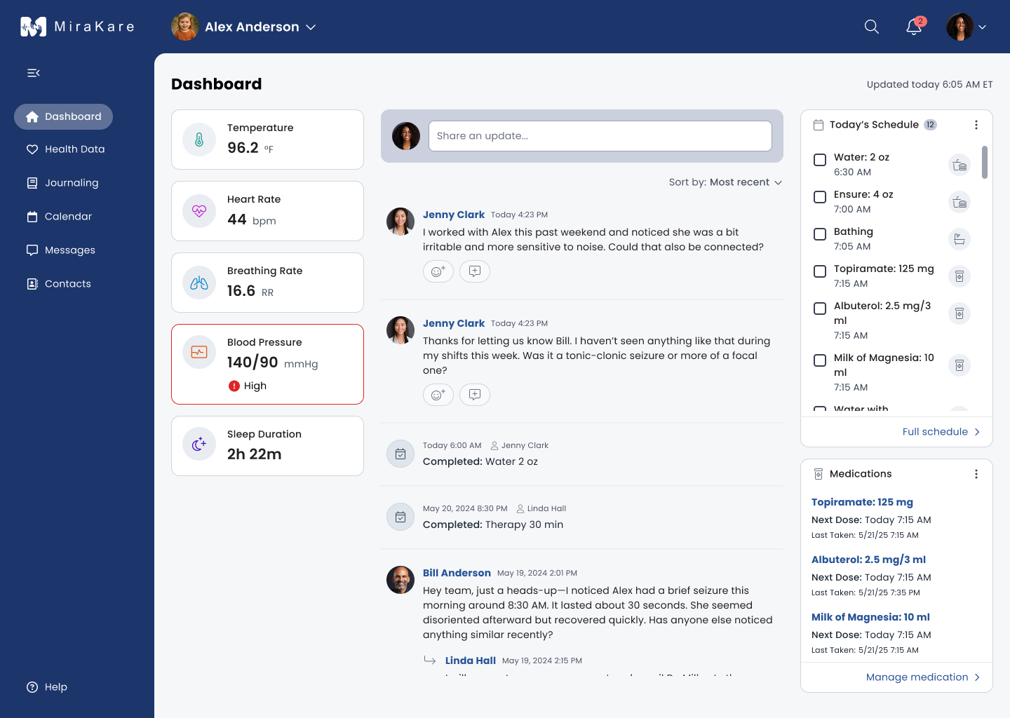 Redesigned dashboard surfacing key health data and daily tasks.