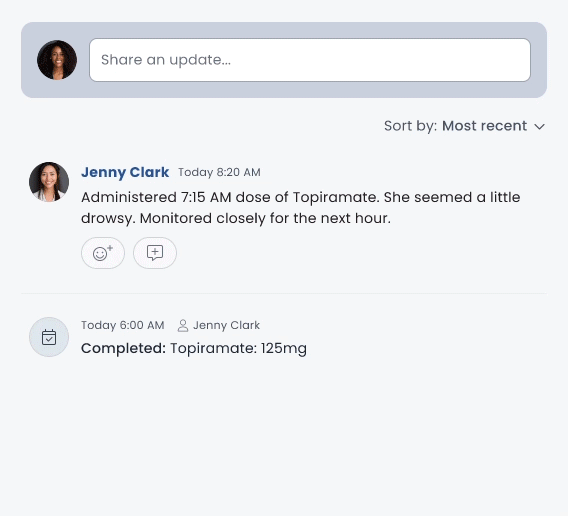Activity feed on the dashboard illustrates functionality to add a post and a caregiver commenting on another's post, and a system-generated post for a completed schedule item.
