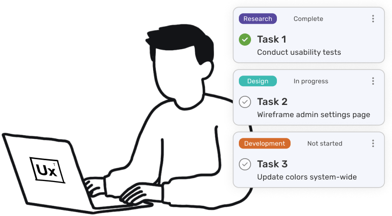 Sketch of man using a computer from UX Team with 3 project task cards in various progress stages.