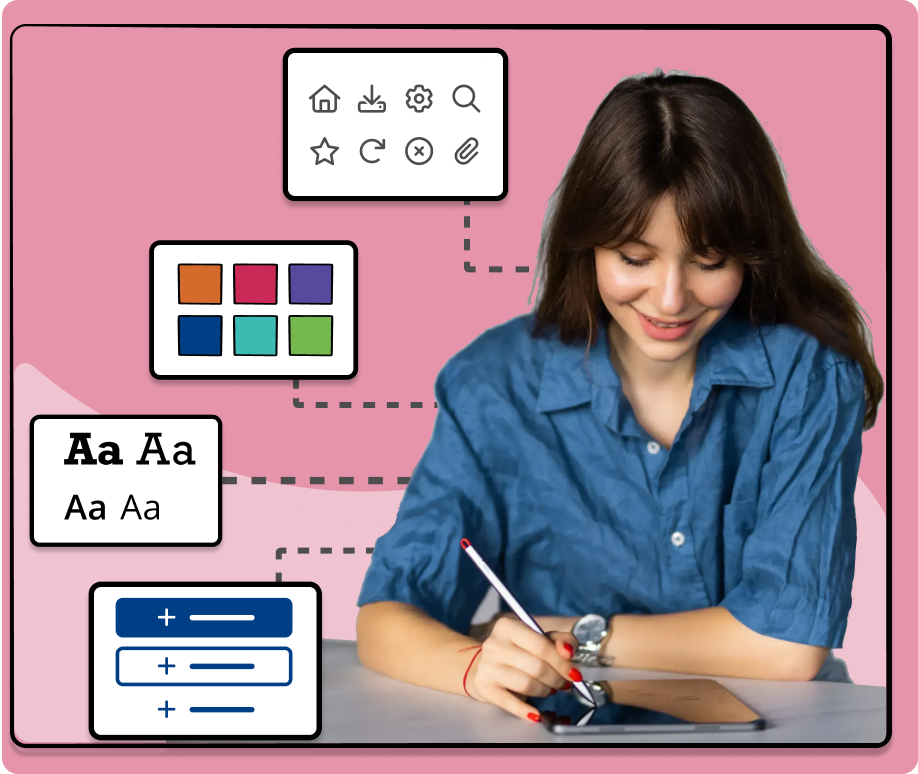 This is a visual diagram of a design system. At the center is a black book titled "Design System," with surrounding connected elements of a typography sample, a color palette of accent colors, a wireframe of a dashboard layout, a button component with center alignment, and a sample of system icons.