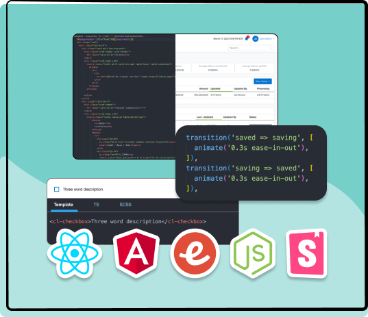 Three screenshots of code examples used by software developers. Under the screenshots are logos for programming languages we use in our UX-powered software development: React, Angular, Ember, and Node, along with an icon for Storybook.