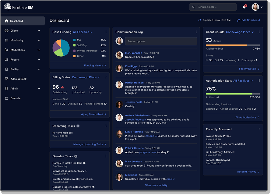 Client drug treatment software dashboard