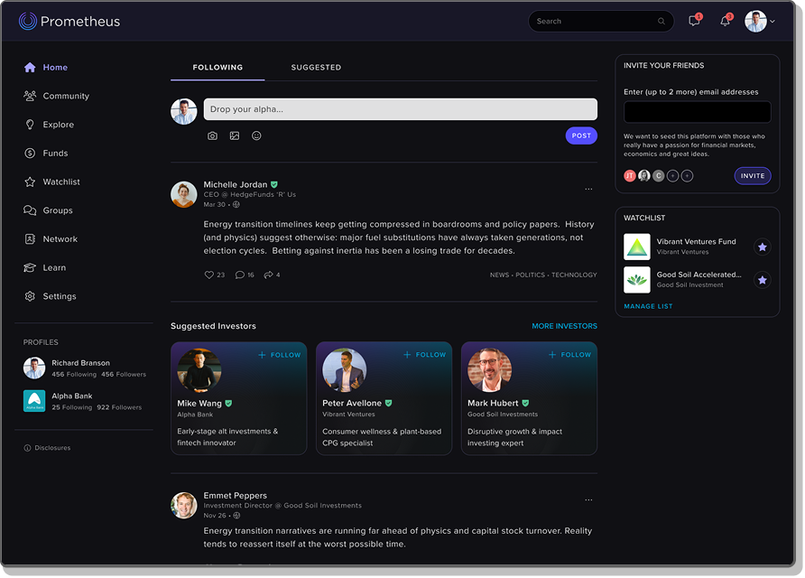 Prometheus alternative investment social media platform
