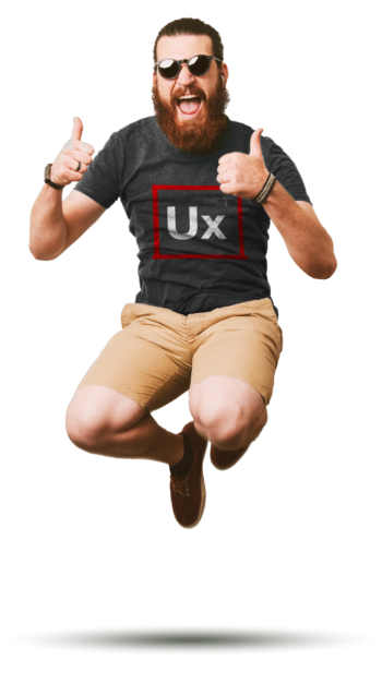 Man wearing a UX Team T-shirt jumping for joy