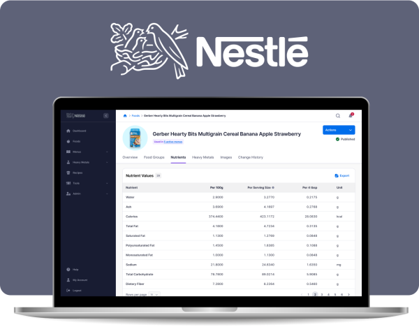 Nestle Nutrition Data Management System displays an example of a product and its nutrient values for 100g, serving, and portion sizes.